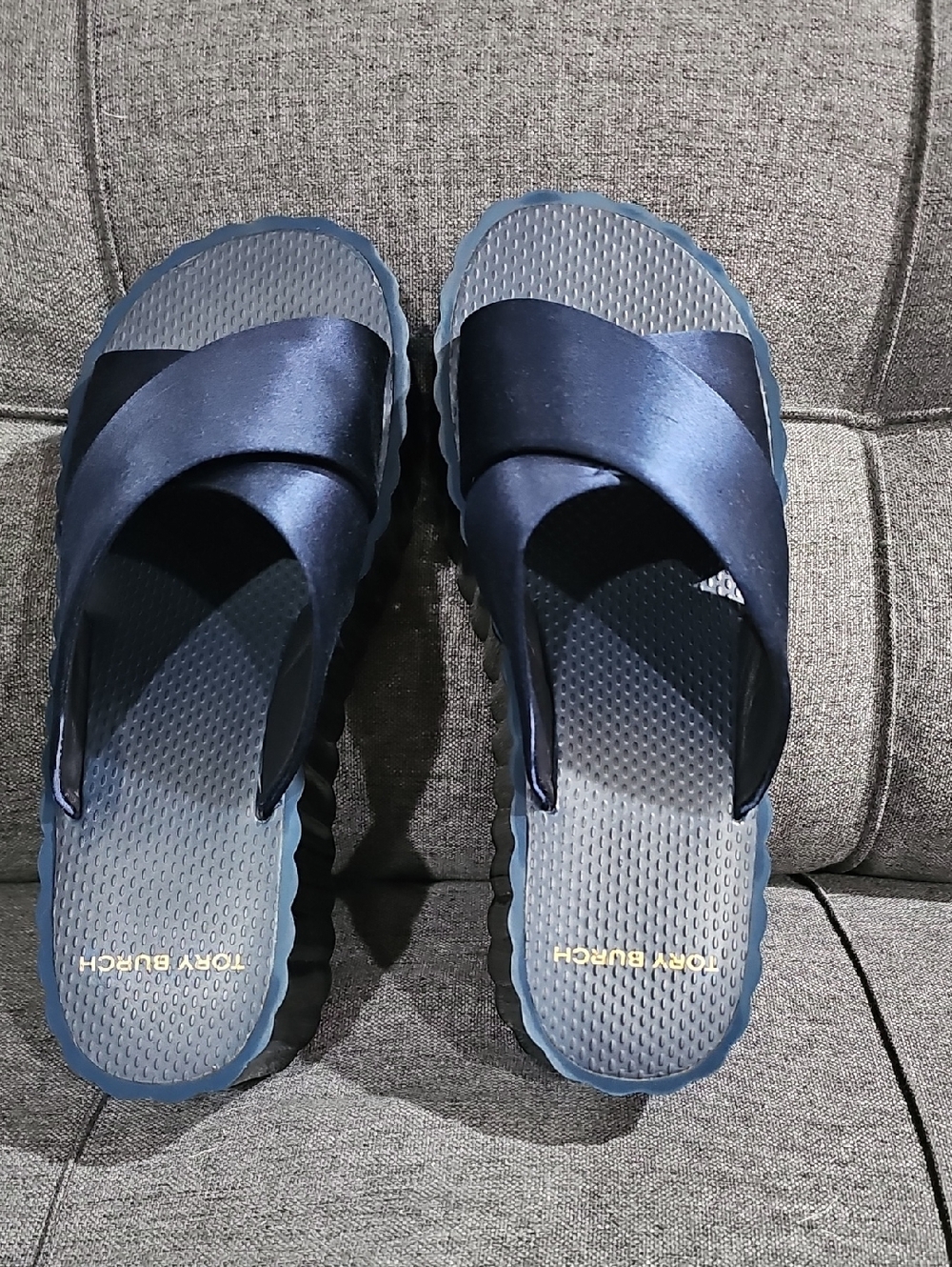 Tory Burch Navy Satin Crossband Slides with Gold Logo